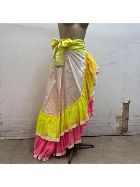 Vintage Broadway Costume 70s Neon Ruffle Maxi Wrap Skirt